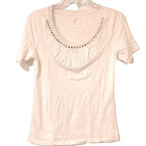 Ann Taylor LOFT cream ivory top size Medium detail around neck crystal holiday